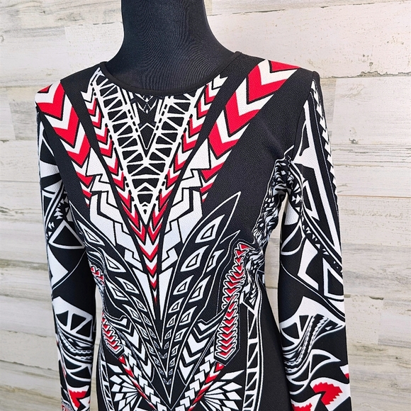 Bisou Bisou Michele Bohbot Geometric Print Bodycon Dress Black Red White 10 - Picture 7 of 16